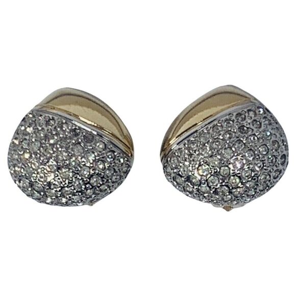 Piscitelli Crystal Dome Gold Button Earrings 1” Clip On Designer - Picture 8 of 12